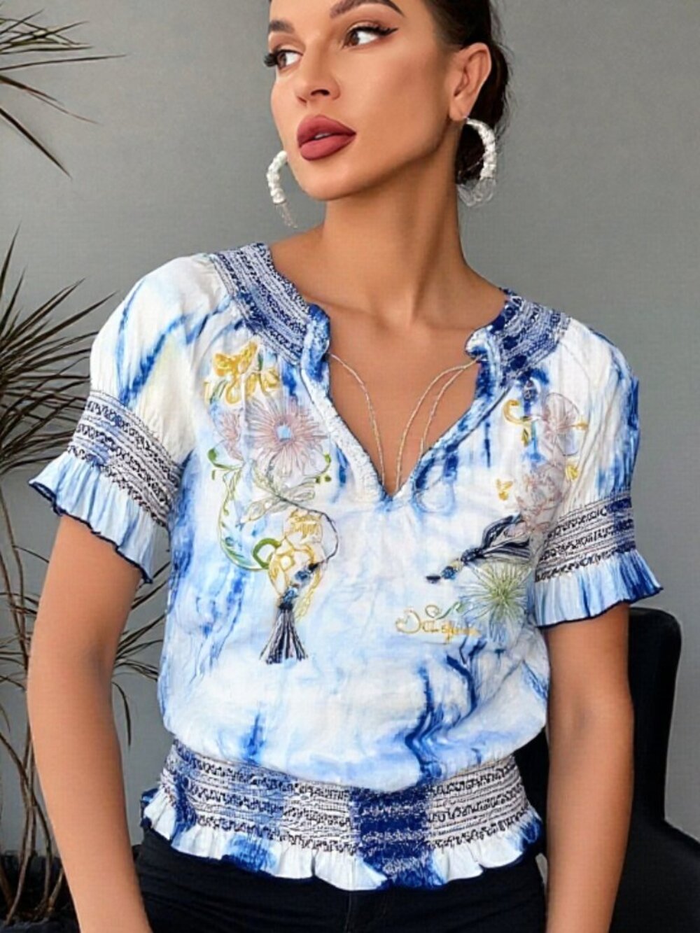 NWOT Desigual Tie Dye embroider bohemian smock puff sleeve top S